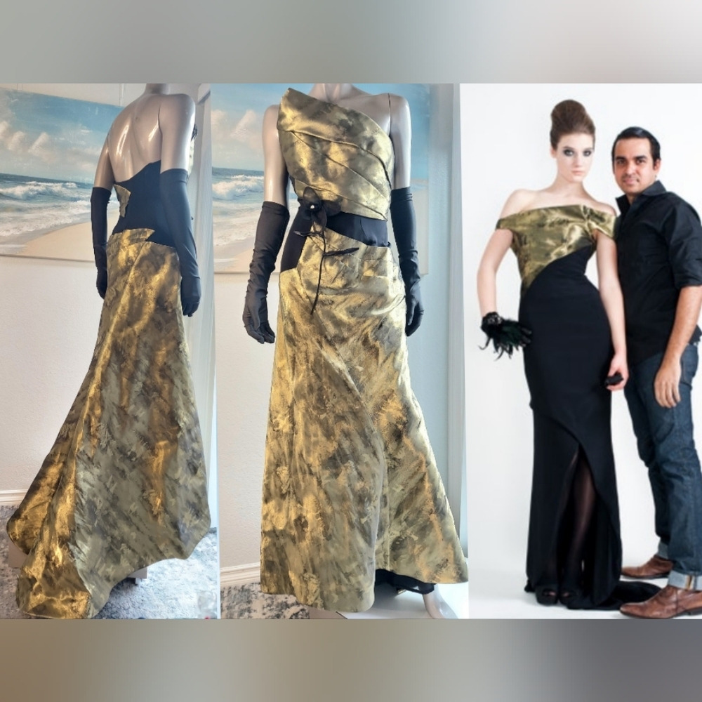 $5,500 BIBHU MOHAPATRA SILK GOLD BLACK EXCLUS LONG RUNW GOWN TRAIN 12